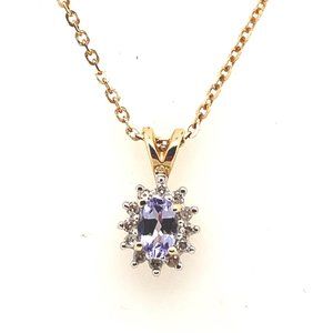 Tanzanite and Diamond Halo 14K Yellow Gold 18" Necklace